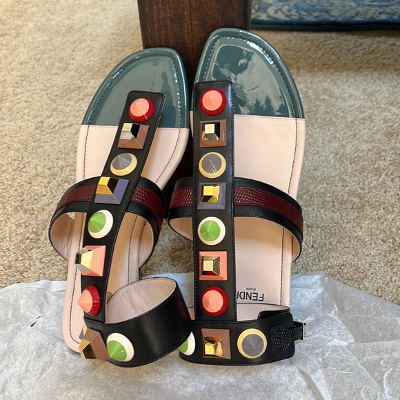 New! FENDI multicolor leather and lizard embossed multi studded Size 38 flats - Picture 6 of 10